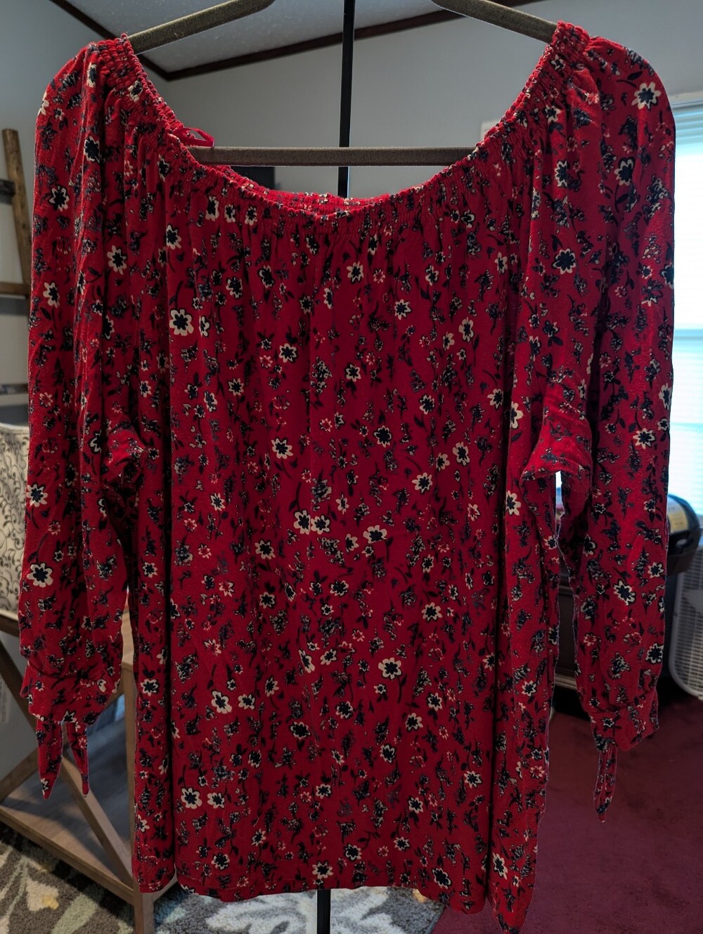 Red Floral Off-Shoulder Peasant Blouse